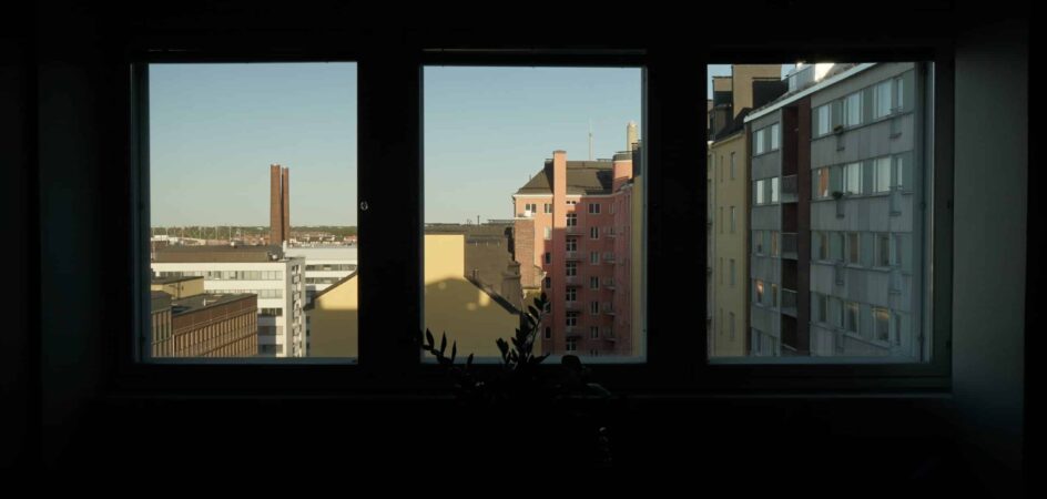 Huonekasvi ja ikkuna, josta avautuu kaupunkinäkymä.