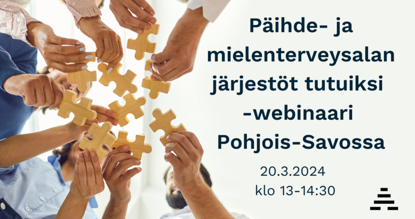Ihmiset sovittavat palapelin paloja yhteen ja teksti: Päihde- ja mielenterveysalan järjestöt tutuiksi -webinaari Pohjois-Savossa 20.3.2024 klo 13-14.30.
