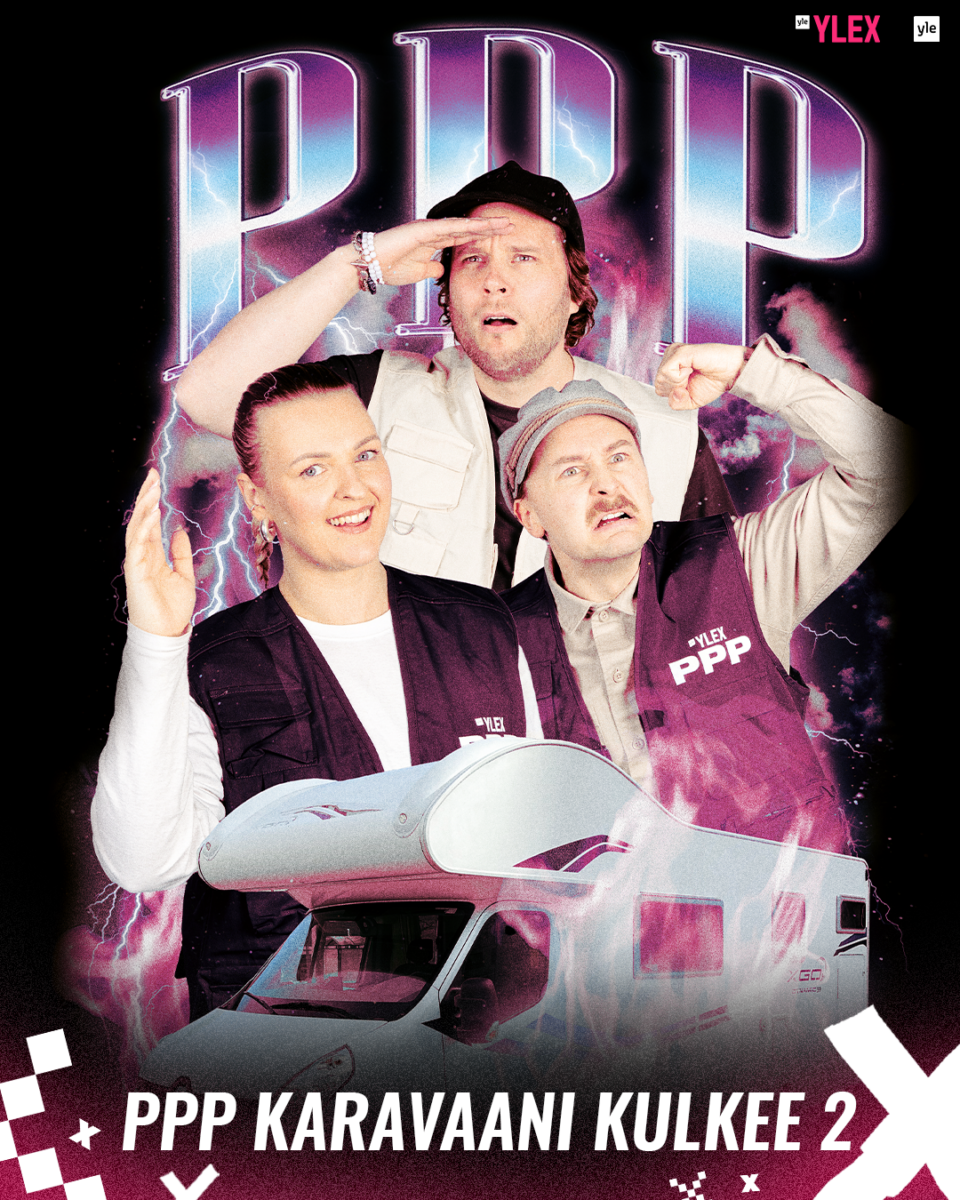 Kuvassa YleX Aamujuontajat Poikelus, Pehkonen ja Parikka ja kuva mainostaa PPP-karavaania