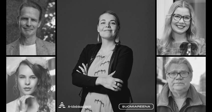 Kuvassa A-klinikkasäätiön paneelikeskustelun keskustelijat ja juontaja.