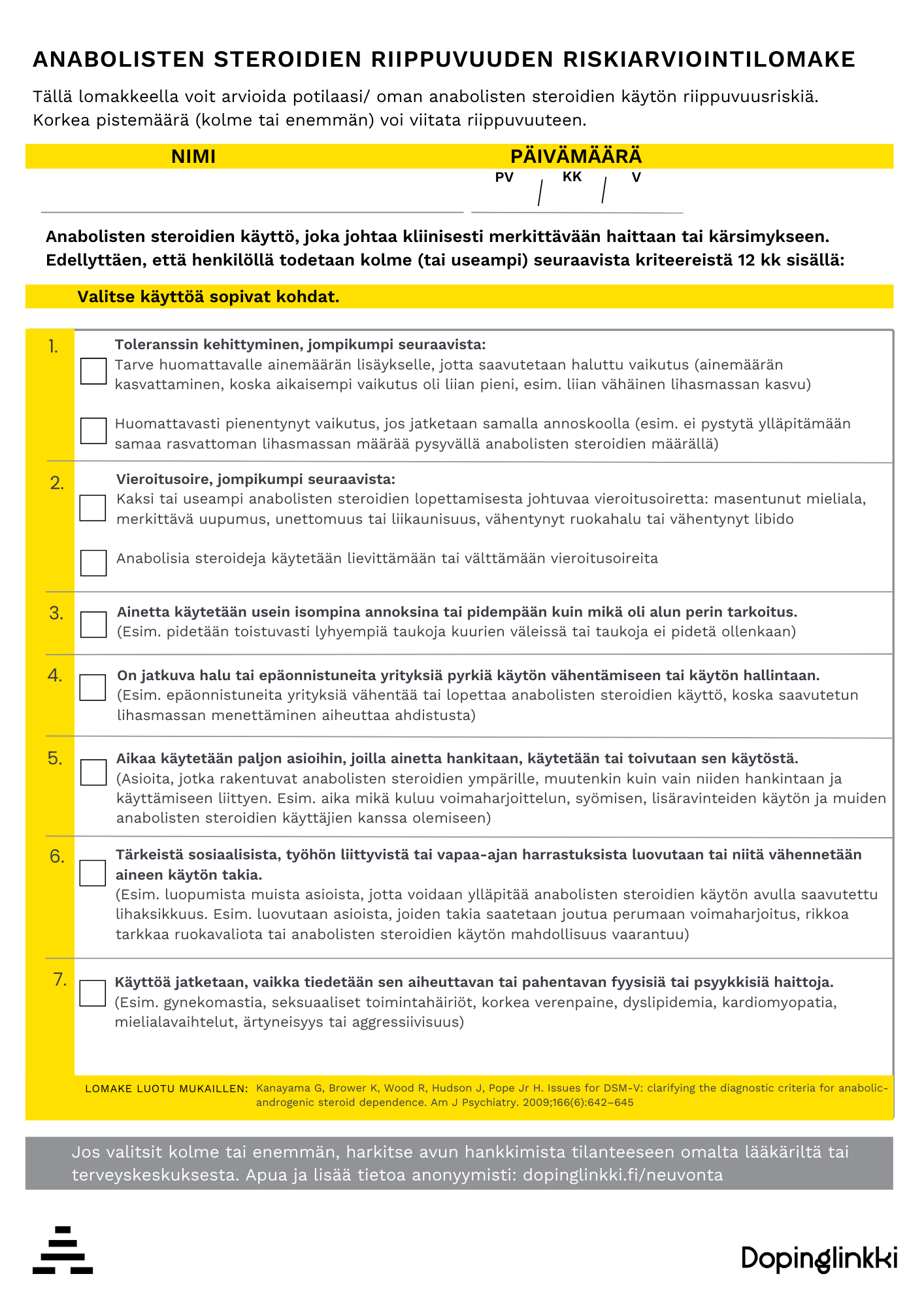 Anabolisten steroidien riippuvuuden riskiarviointilomake.